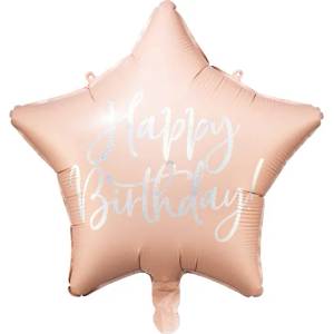 PartyDeco Балон от фолио звезда - Happy Birthday розов 40см
