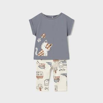 Mayoral Комплект тениска в сиво с коте и клин принт за мини момиче Майорал