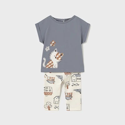 Mayoral Комплект тениска в сиво с коте и клин принт за мини момиче Майорал