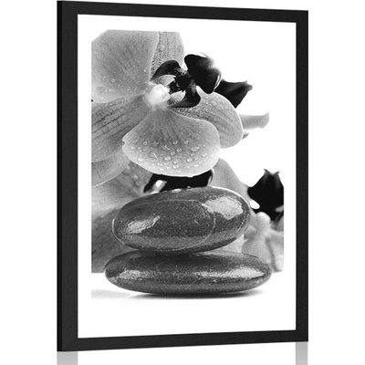 Plakát s paspartou SPA kameny a orchidej v černobílém provedení - 40x60 white
