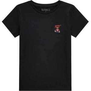 GUESS Едноцветна черна тениска за момиче с малко бродирано мече за акцент Guess