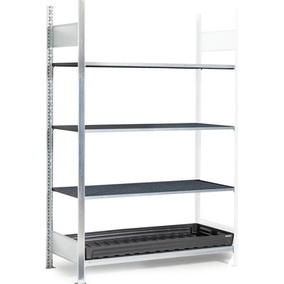 DENIOS Regál pre malé nádoby, nadstavné pole, 3x mrežový rošt, záchytná vaňa z PE, 1312 x 637 x 2000 mm