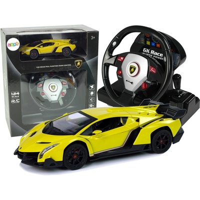 LEAN Toys RC auto Lamborghini Veneno 1:24 žluté se zvuky a světly – ovladač ve tvaru volantu