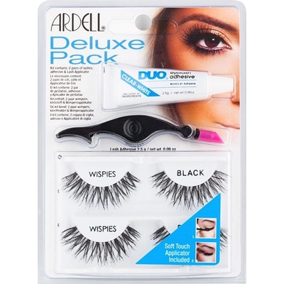 Ardell Deluxe Pack Wispies Black umelé mihalnice 2 pair + Clear White lepidlo na umelé mihalnice 2,5 g + aplikátor na mihalnice 1 ks
