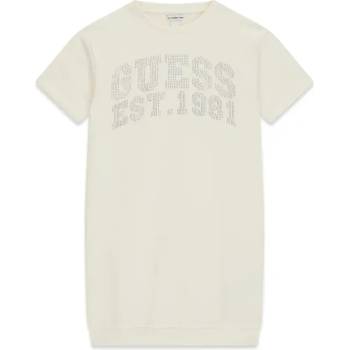 Guess Памучна рокля къс ръкав за момиче в мръсно бяло с надпис Guess от кристали