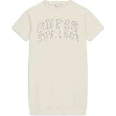 Guess Памучна рокля къс ръкав за момиче в мръсно бяло с надпис Guess от кристали