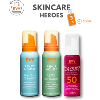 Evy Skincare Heroes Renew Mousse 100 ml + Repair Mousse 100 ml + Daily Defence Face Mousse SPF50 75 ml + cestovná menovka