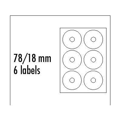 Logo etikety na CD 78/18mm, A4, matné, biele, 6 etikiet, 140g/m2, balené po 25 ks, pre atramentové a laserové tlačiarne