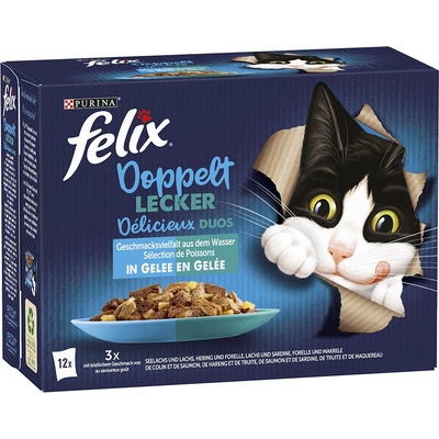 Felix Fantastic Dvojnásobná pochoutka treska a losos losos a sardinky sleď a pstruh pstruh a makrela 12 x 85 g