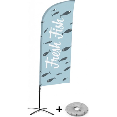 Jansen Display Kompletní sada reklamní vlajky ve tvaru křídla, Čerstvá ryba, anglicky Křížová Základna, 1273 x 3030 mm