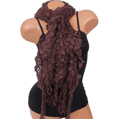 Тъмнокафяв плетен шал с ламе и ресни