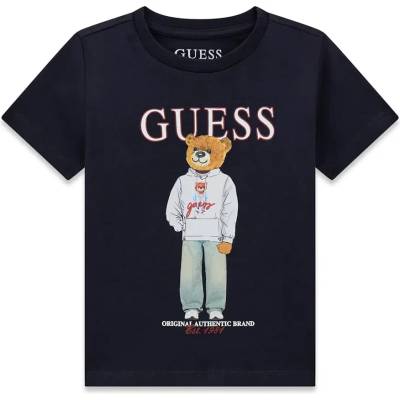 GUESS Тениска в тъмносин цвят за мини момче с цветно мече и бял надпис Guess