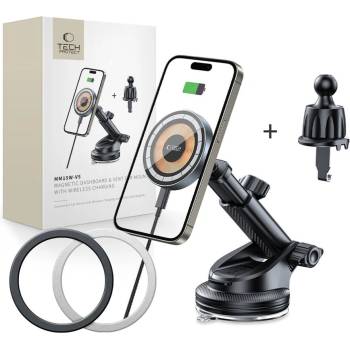 Tech-Protect Стойка за автомобил със зарядно MagSafe 15W и прикрепване с вендуза или към въздуховод от Tech-Protect MM15W-V5 - Черен (5906302313228)