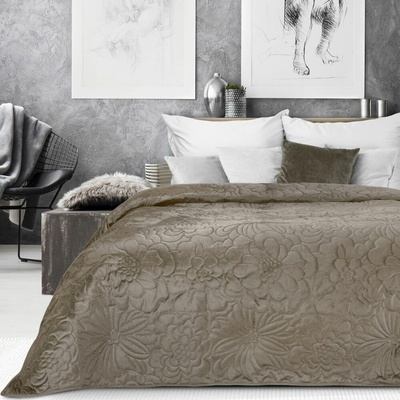 Eurofirany přehoz na postel Velúrový jednofarebný ARIEL 4 zdobený kvetinovým vzorom tmavobežový hnedá Mikroplyš 240 x 220 cm
