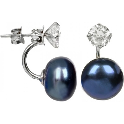Jwl Jewellery náušnice strieborné dvojnáušnice s pravou modrou perlou a kryštálom JL0225