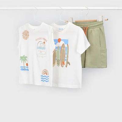 Mayoral Комплект бяла тениска, бял потник с щампи и светлозелени къси панталони за мини момче Mayoral