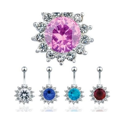 Šperky eshop lesklý ocelový piercing do pupíku barevný zirkonový květ AA8.30 aqua modrá Q