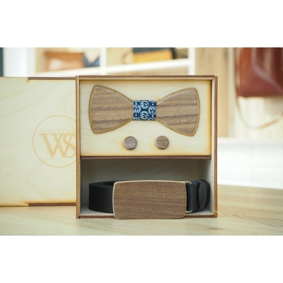 Wood Style Set Kulatý WS Modrotisk opasek motýlek a manžetové knoflíčky Černá Ořech americký