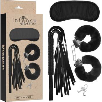 Intense Fetish Erotic Playset 1 With Handcuffs, Blind Mask & Flogger Black