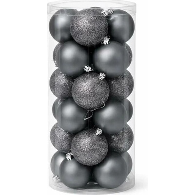 DECOLED Sada vánočních ozdob tmavě stříbrná 6 cm plastové baňky, 12× glitter, 12× mat, balení 24 ks