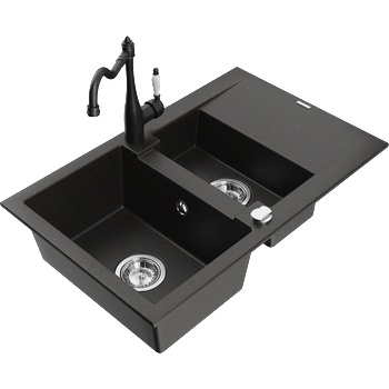 Mexen Gaspar гранитна мивка 1, 5 камери с отцедник и кухненски смесител Carla, черно/златист металик - 6507-75-670700-70 (6507-75-670700-70)