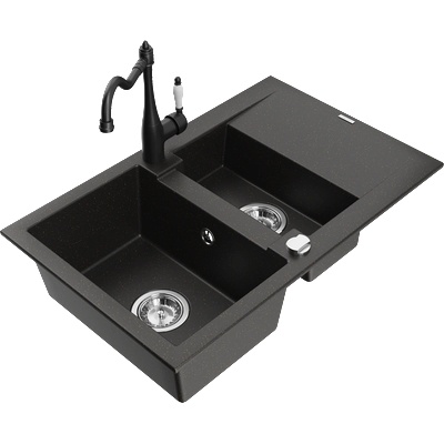 Mexen Gaspar гранитна мивка 1, 5 камери с отцедник и кухненски смесител Carla, черно/златист металик - 6507-75-670700-70 (6507-75-670700-70)