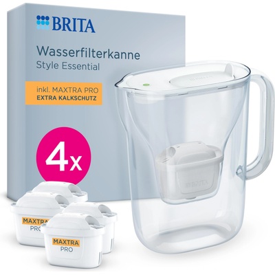 BRITA water filter jug Style Essential white (2.4l) incl. 4x BRITA MAXTRA PRO extra limescale protection - refrigerator-suitable filter jug with Smart Light LED & folding lid, filters impurities & more - 142384