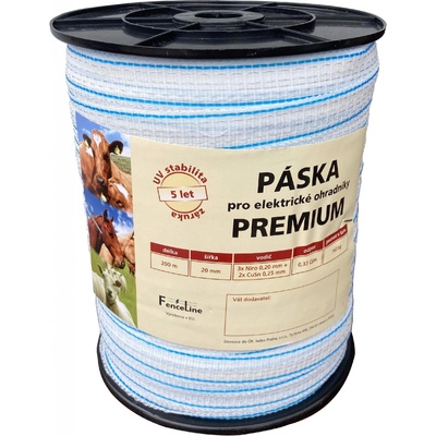 Páska PREMIUM 20 mm pro el. ohradník, 3x0,20 mm Niro + 2x0,25 mm CuSn, 200 m, bílo-modré