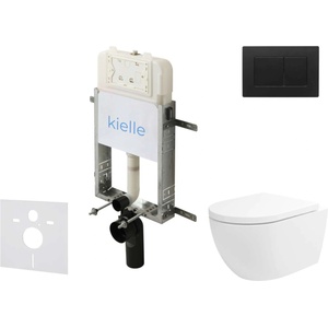 kielle Genesis New - Комплект структура за вграждане, тоалетна чиния Oudee Vortex, Rimless+, SoftClose седалка и бутон Gemini New III, черен мат 30528SZ27 (30528SZ27)