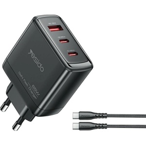 YESIDO YC144C 65W GaN Зарядно 2 USB-C + 1 USB-A с Кабел Type-C 1.2 м
