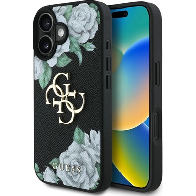 GUESS Калъф с лого Guess Grained Roses Big 4G за iPhone 16 - черен