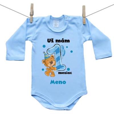 Boodyy Modré body s dlhým rukávom Už mám 1 mesiac s Medvedíkom a menom dieťatka Chlapec