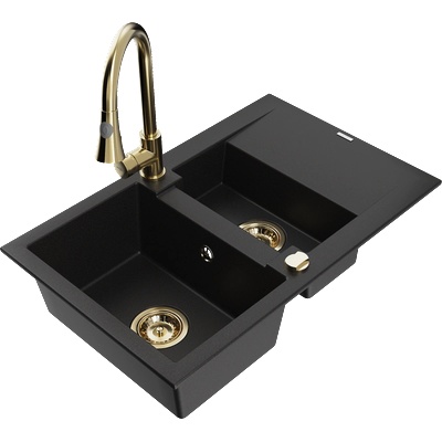 Mexen Gaspar гранитна мивка с 1, 5 камери с отцедник и кухненски смесител Elia, черен - 6507-77-670101-50 (6507-77-670101-50)