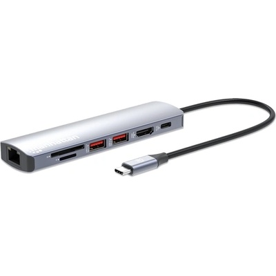 Manhattan USB хъб „Манхатън - USB-C PD 7-в-1 Type-C HDMI, 2 USB-A порта, USB-C Power PD (100 W), Gigabit RJ45 порт и SD/microSD 153966 (153966)