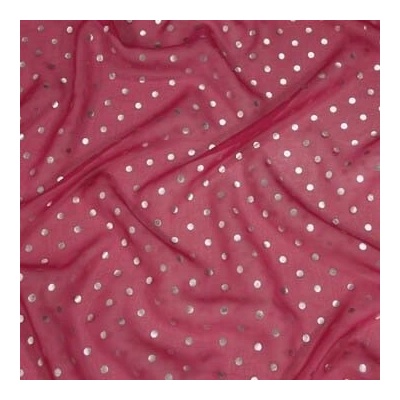 Hedvábný šifon růžový, stříbrné puntíky, š.135