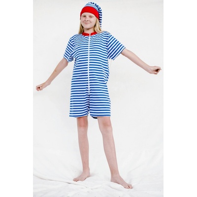 Overal krátký Bílo modré proužky červený lem