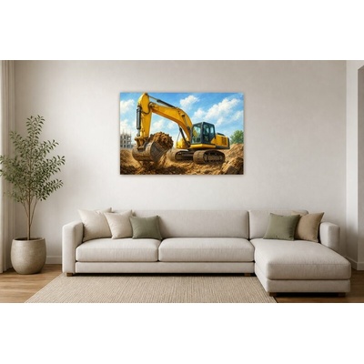 Obraz na plátně – Žlutý bagr s lopatou plnou zeminy 135 × 90 cm