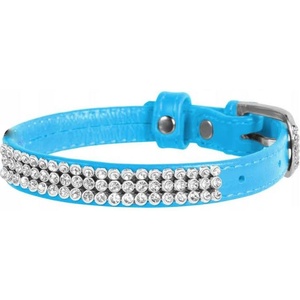 COLLAR Лъскав кожен нашийник с кристали 21 - 29см, 12мм - светлосин
