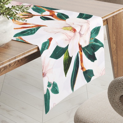 Biante bavlna běhoun Sandra SA-293 Magnolie se zelenými listy na bílém 20x140cm