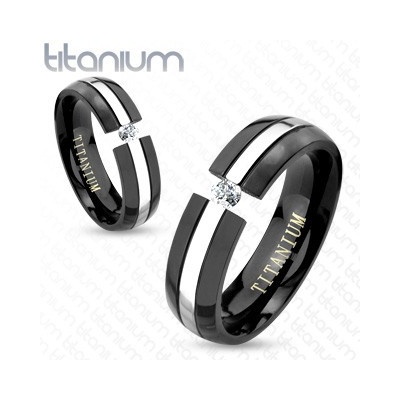 Šperky eshop Černý titanový prsten zaoblený povrch pás stříbrné zirkon HH16.3