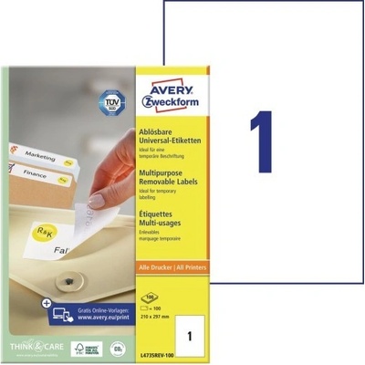 Avery Zweckform Etikety 100 listů A4 bílé 210 x 297 mm snímatelné L4735REV-100