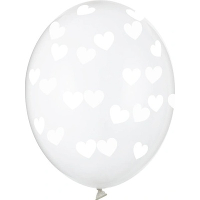 PartyDeco Balónky čiré s bílými srdíčky 30 cm