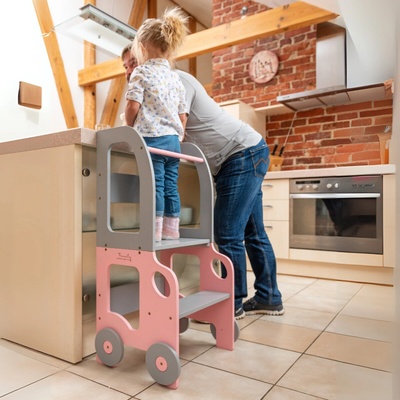 Family scl Montessori učící věž s motivem auta 3v1 Růžová Šedá