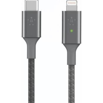 Belkin Boost Charge Smart LED USB-C to Lightning Cable - MFI сертифициран USB-C към Lightning кабел за Apple устройства с Lightning порт (120 см) (сив)