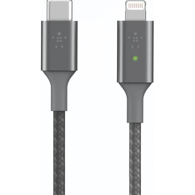 Belkin Boost Charge Smart LED USB-C to Lightning Cable - MFI сертифициран USB-C към Lightning кабел за Apple устройства с Lightning порт (120 см) (сив)