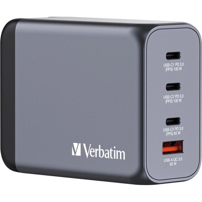 Verbatim GaN Fast Wall Charger 200W - захранване за ел. мрежа за мобилни устройства с 1xUSB-A и 3xUSB-C изходи с технология за бързо зареждане и преходници за цял с