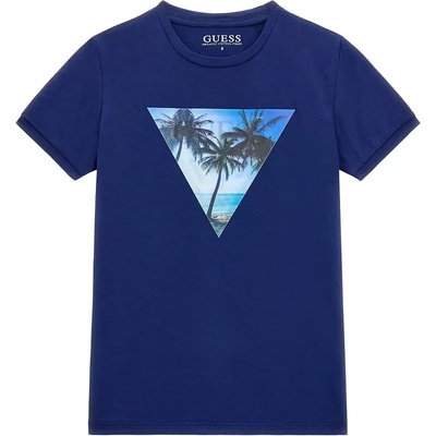 GUESS Тениска в мастилено синьо с триъгълно лого с палми и надпис холограма Guess за момче