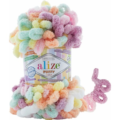 Alize příze Puffy color 6527 žlutá, meruňková, mintová, fialová