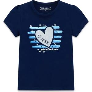 GUESS Тъмно синя тениска със сини детайли и сребристо сърце за мини момиче Guess