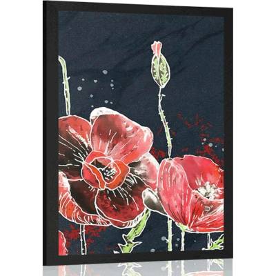 Plakát červené máky na černém pozadí - 20x30 white